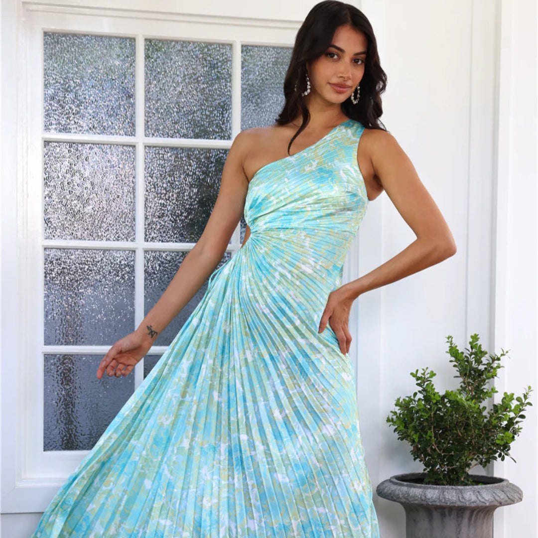 Noor™ | Maxi Plissé Jurk met Bloemen en Één Schouder