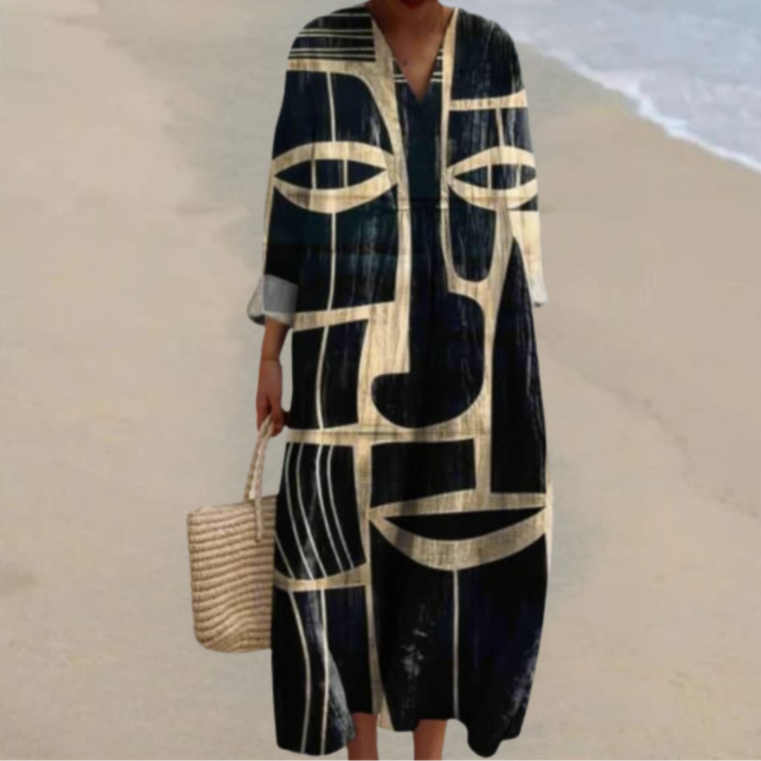 Mirjam™ |Maxi Strandjurk met Abstract Gezichtsprint