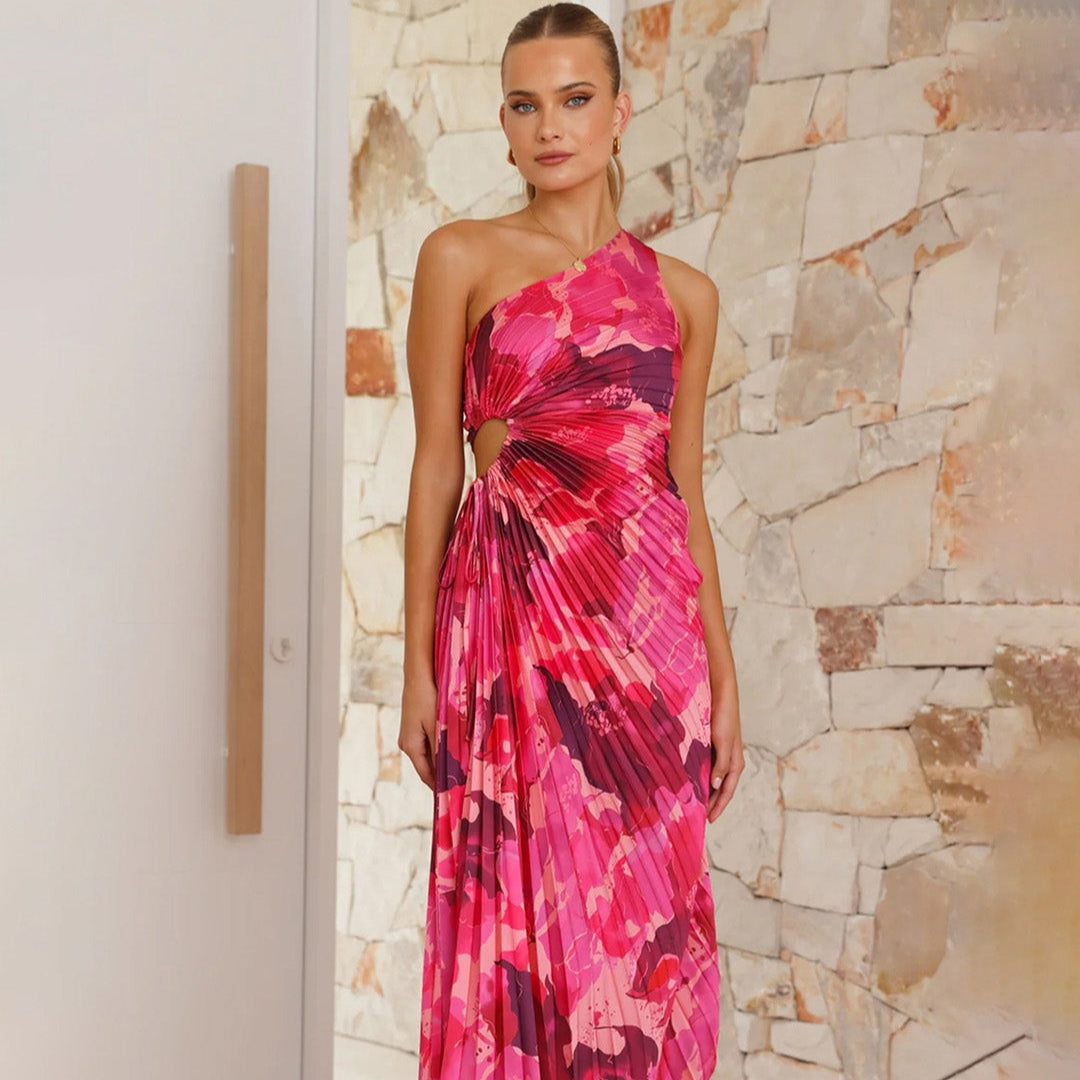 Noor™ | Maxi Plissé Jurk met Bloemen en Één Schouder