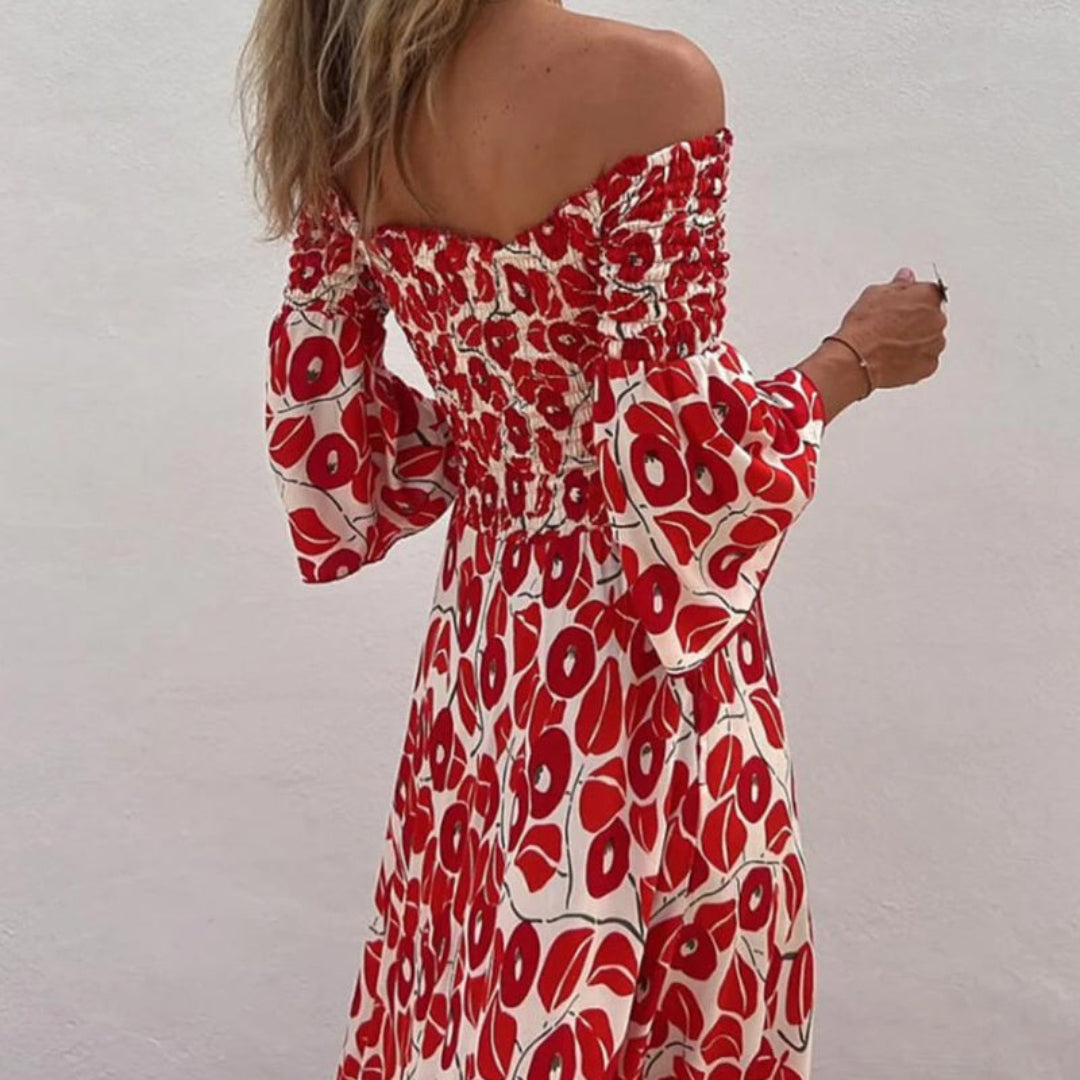 Aletta™ | Lang Jurk met Ontblote Schouders en Bloemenprint