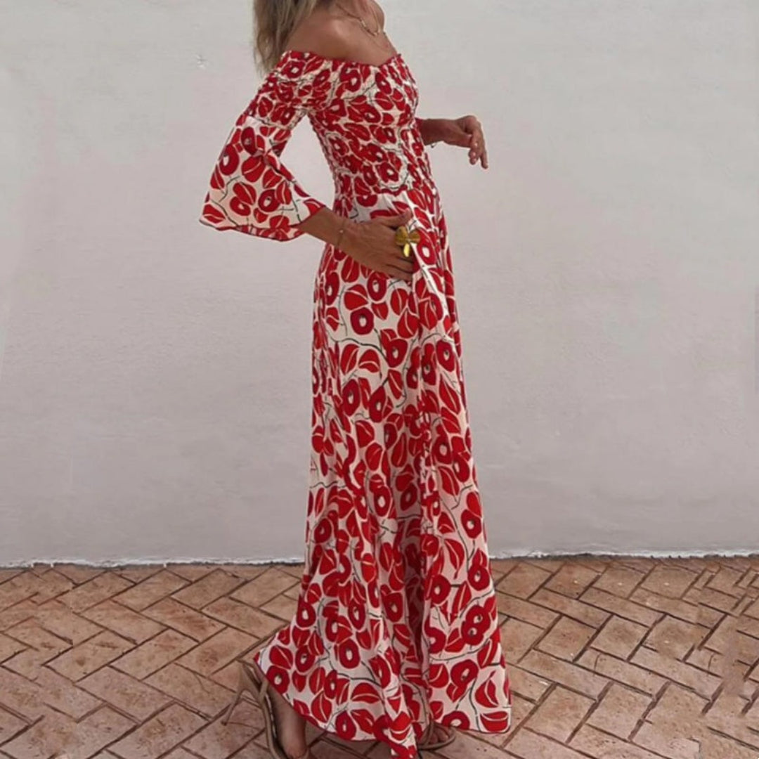 Aletta™ | Lang Jurk met Ontblote Schouders en Bloemenprint